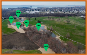 Designed wetlands and bank stabilization (wrapped in erosion control matting), fairway 3 regrading in progress.
